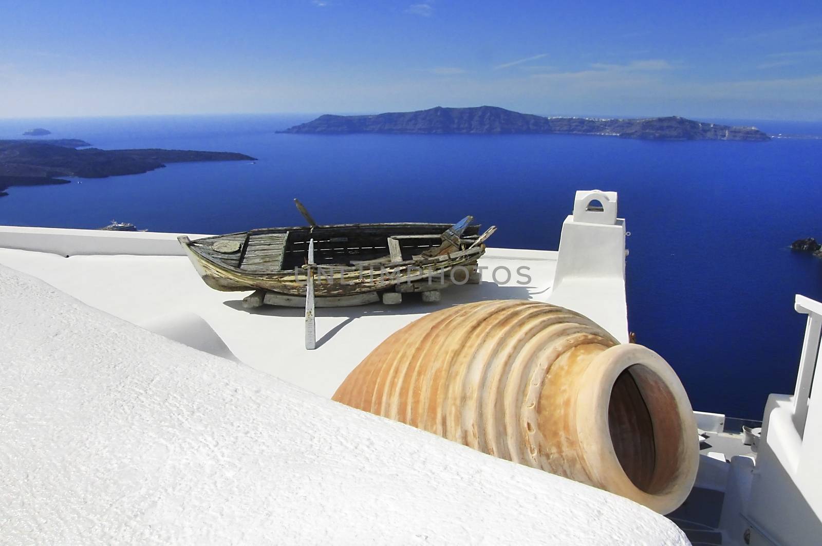 scenic view in white-blue colors on the Santorini island, Greece