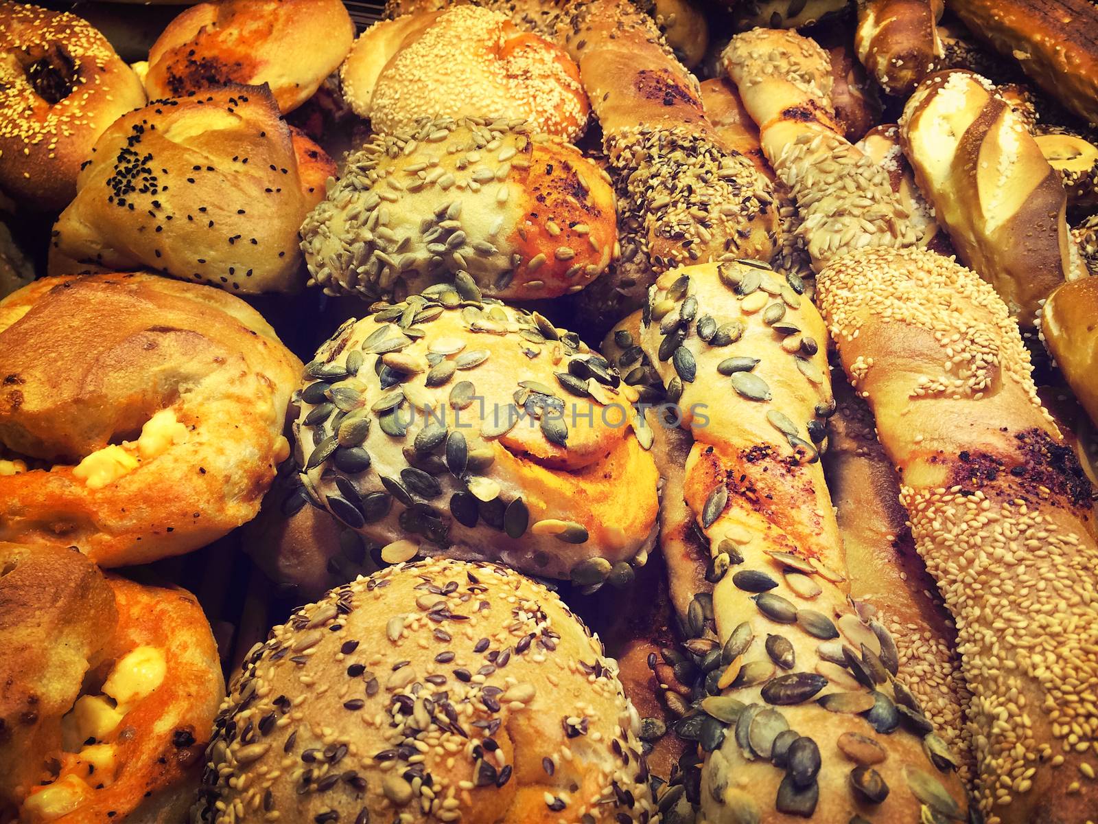 Variety of freshly baked bread in a German bakery.