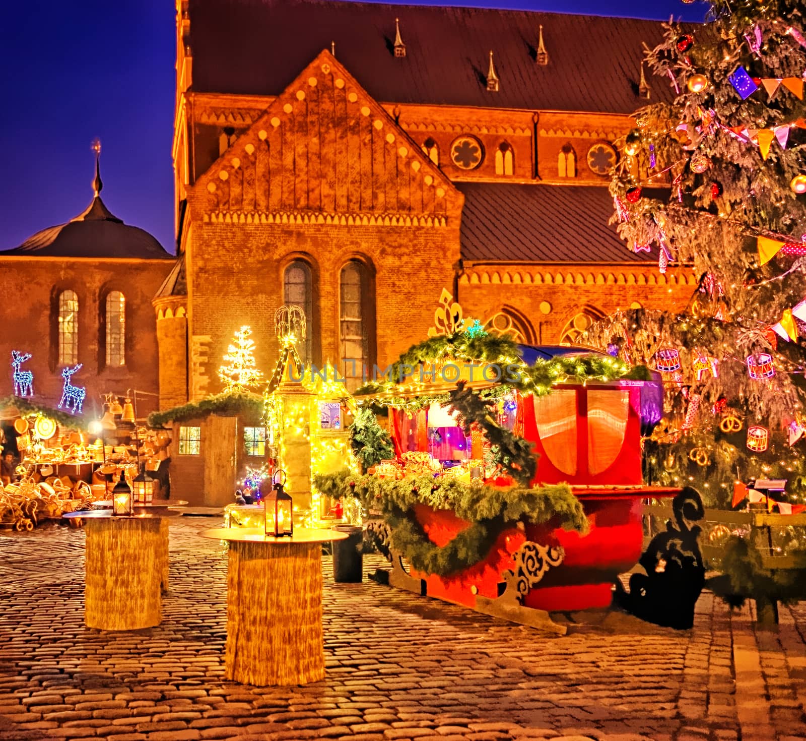 European Christmas market square in the evening Riga