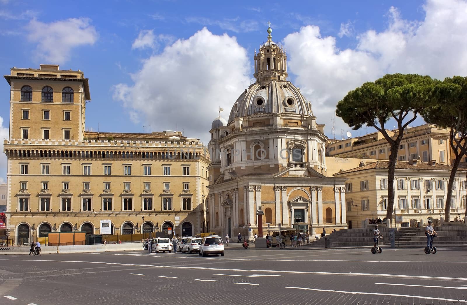 ROME - July 01: Piazza Venezia and the Church of the Most Holy Name of Mary (Santa Maria di Loreto) at the Trajan Forum in Rome, Italy, on July 01, 2014 in Rome, Italy