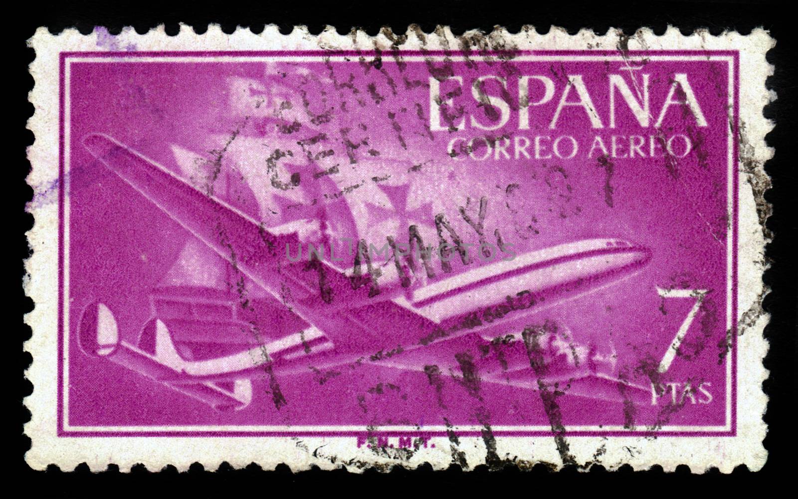 SPAIN - CIRCA 1956: A stamp printed in Spain shows american aircraft Lockheed L-1049 Super Constellation and Caravel Santa Maria, circa 1956