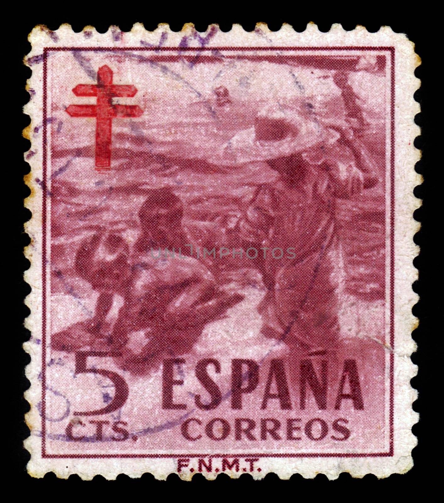 SPAIN - CIRCA 1951: A stamp printed by Spain shows children at play on the beach and Cross of Lorraine, series pro-tuberculosis, circa 1951
