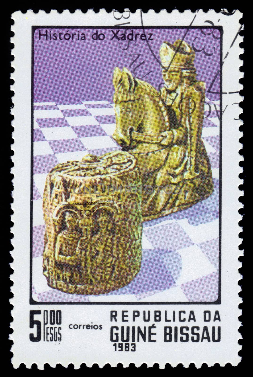Guinea-Bissau, Republic - CIRCA 1983: A stamp printed by Guinea-Bissau, shows the chess pieces, series History of Chess, circa 1983
