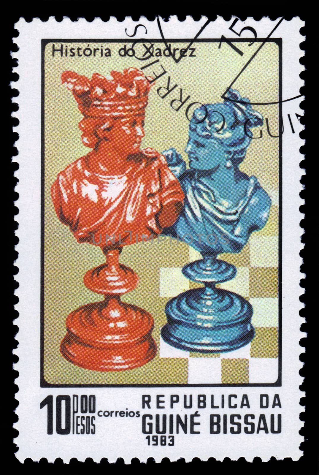 Guinea-Bissau, Republic - CIRCA 1983: A stamp printed by Guinea-Bissau, shows the chess pieces, series History of Chess, circa 1983