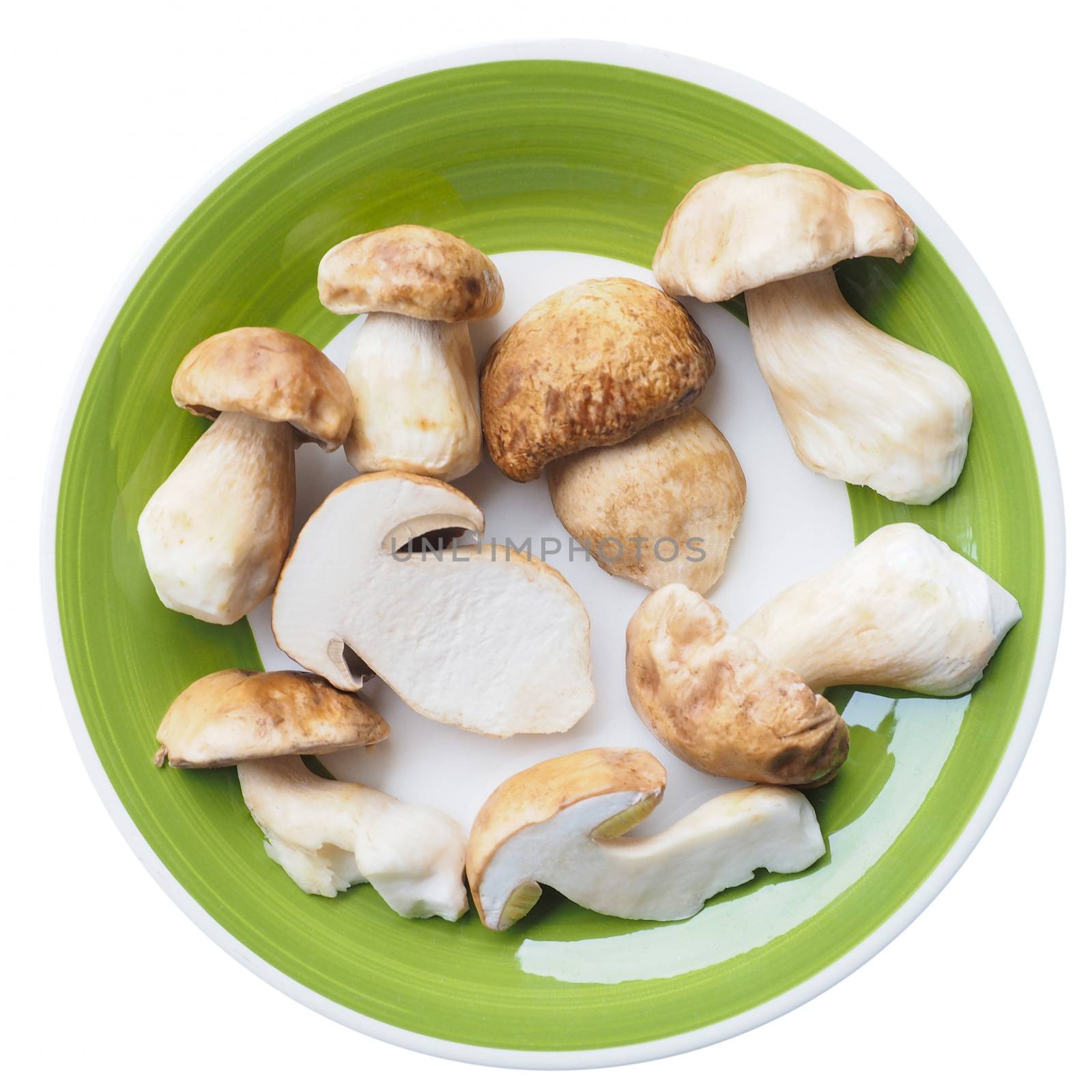 Boletus edulis aka penny bun or porcino mushroom in a dish isolated over white