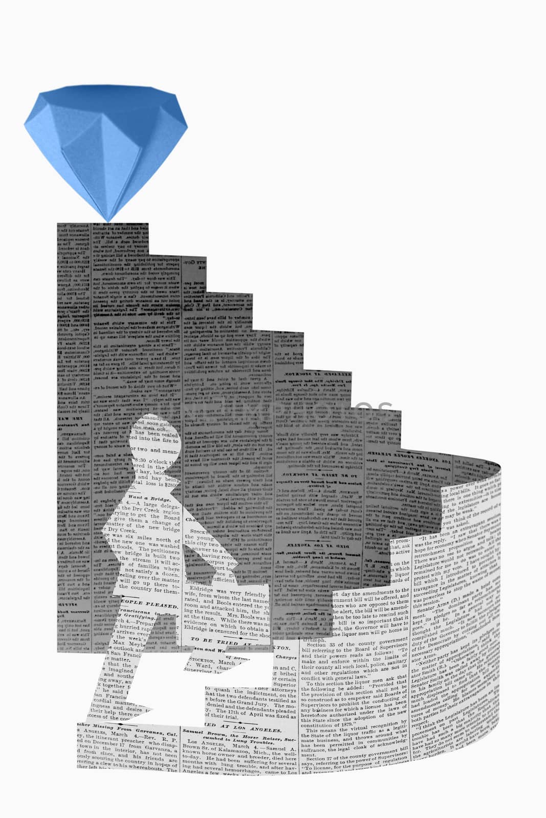 Businessman stepping up a staircase. Model made with Newspsper