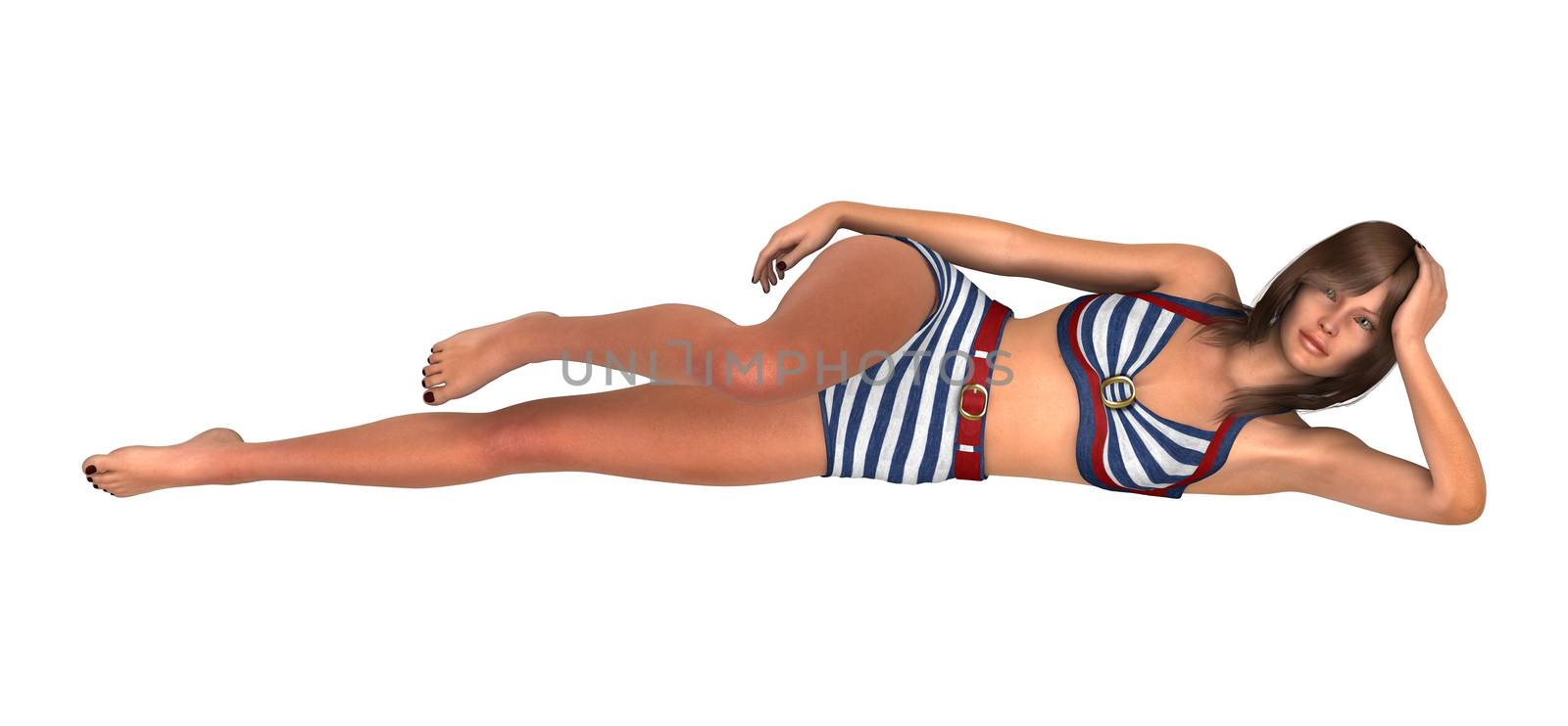 3D digital render of a beautiful vintage woman in a swimming suit isolated on white background