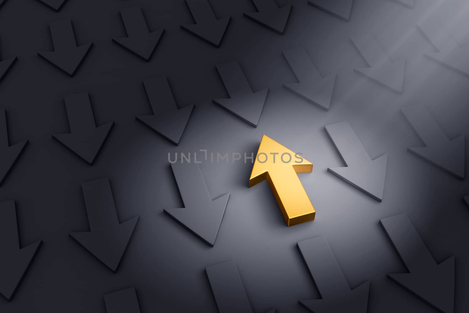A spotlight illuminates a bright, gold up arrow on a dark gray background filled with down arrows.
