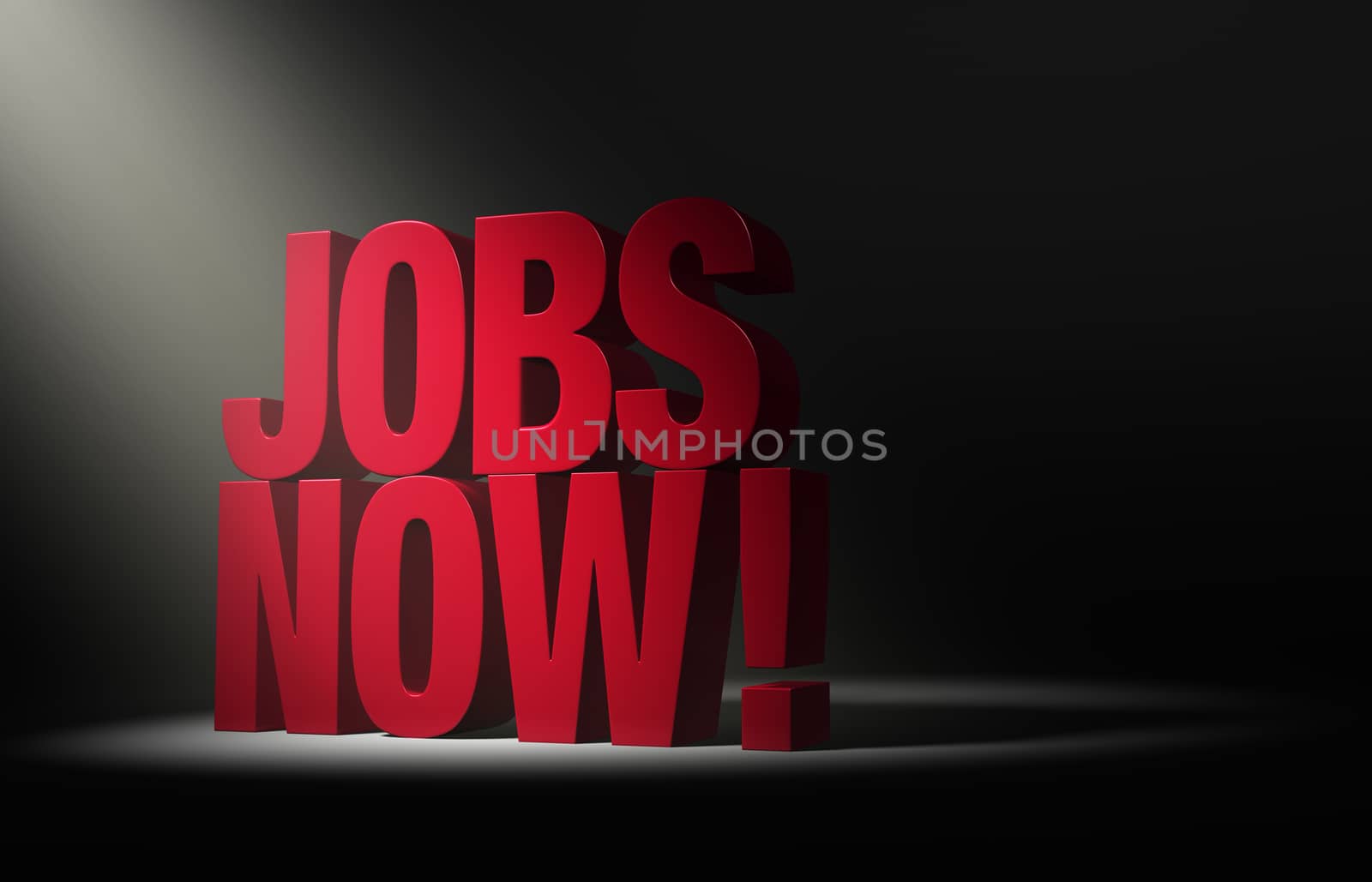 Angled spotlight reveals a bold, red "JOBS NOW!" on a dark background.
