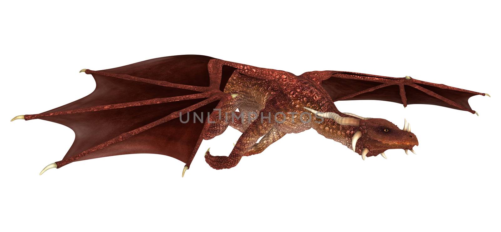 3D digital render of a red fairytale dragon isolated on white background