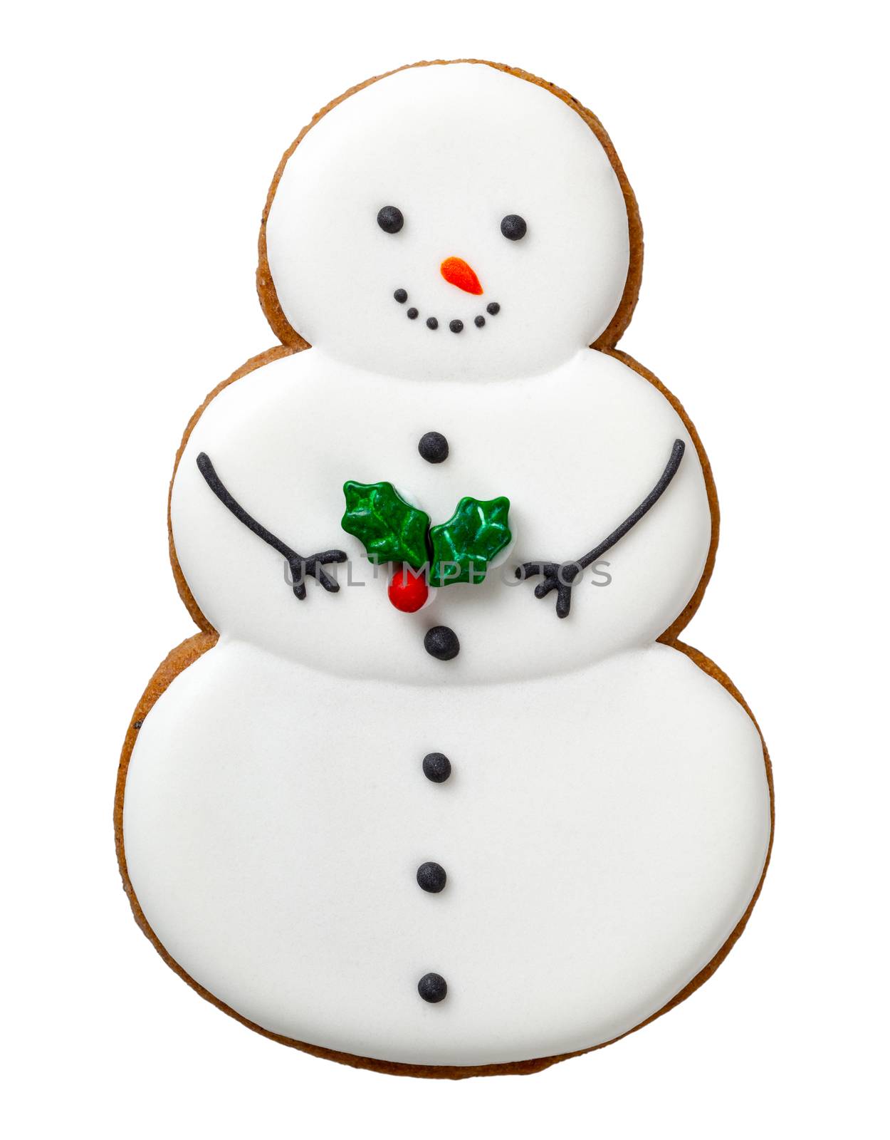 Christmas gingerbread cookie isolated on white background. Snowman shape cookie
