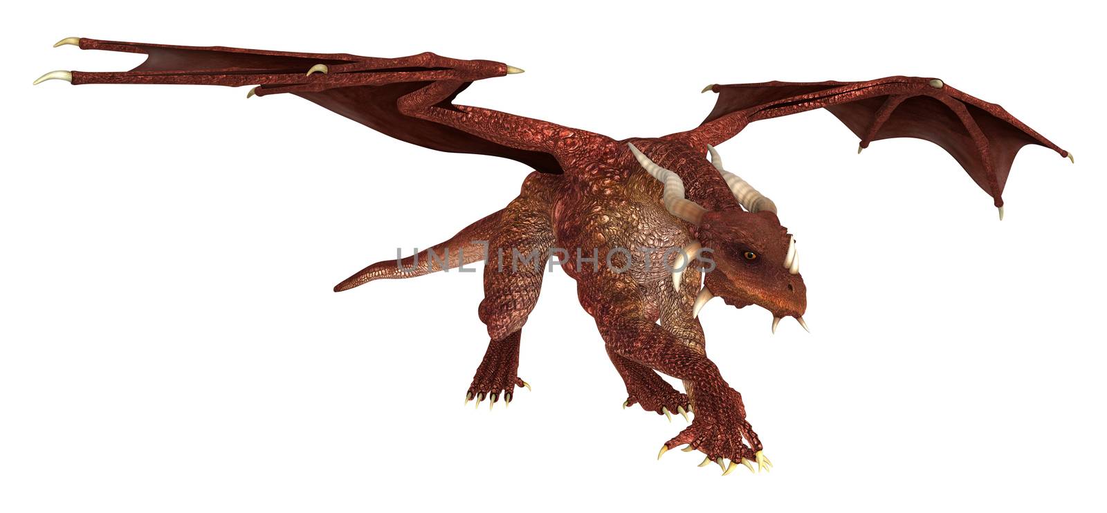 3D digital render of a red fairytale dragon isolated on white background