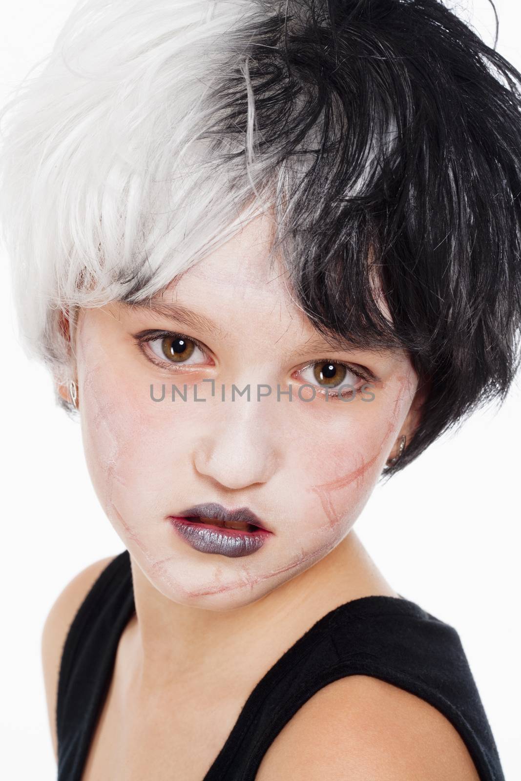 Portrait of a Young Girl in Wig and Scary Makeup