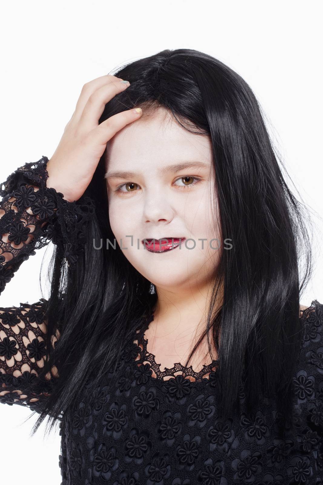 Portrait of a Little Girl with Wig and Scary Makeup