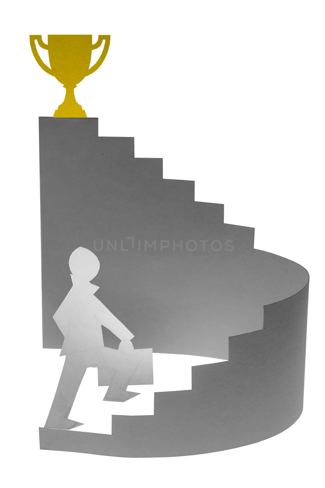 Businessman stepping up a staircase towards a Victory