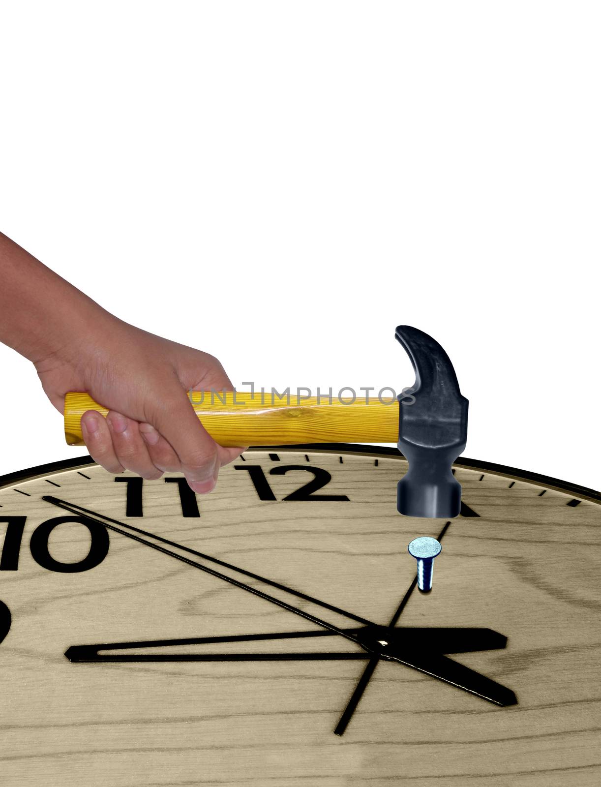 Hammer in Human Hand Hitting Nail in Clock, Concept