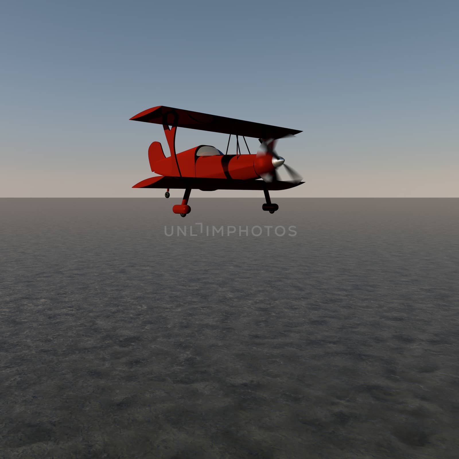 Red biplane flying over water, 3d render
