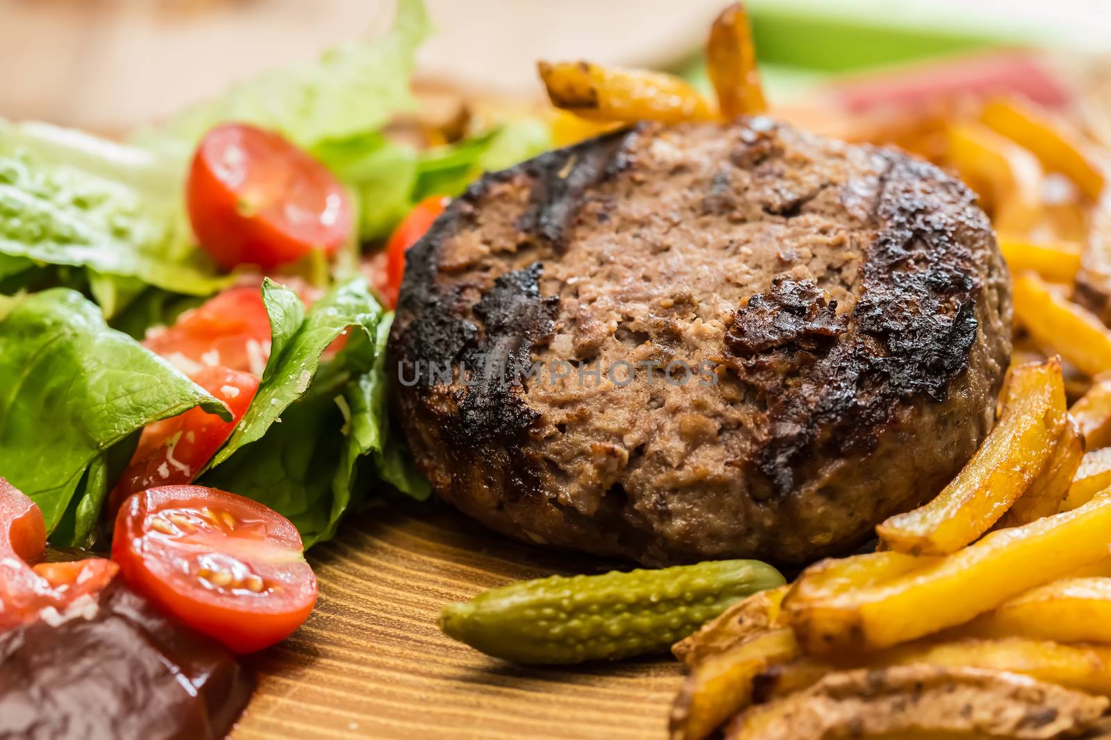 still life with fast food hamburger menu, french fries. selective focus