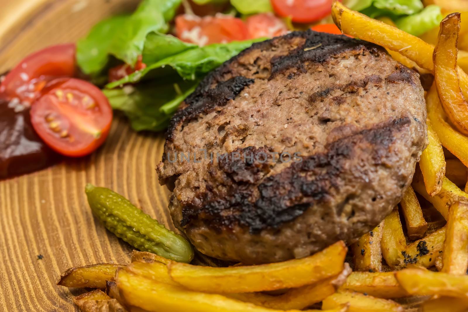 still life with fast food hamburger menu, french fries. selective focus