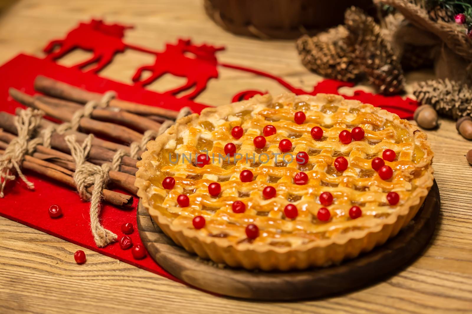 Homemade christmas cake with wild berries. Shallow dof.