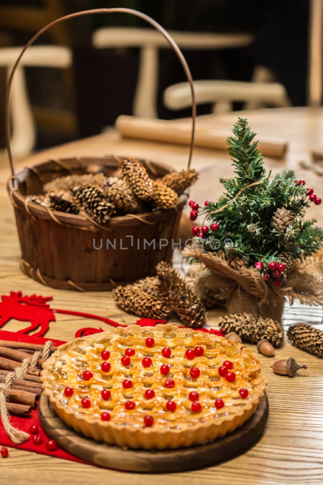 Homemade christmas cake with wild berries. Shallow dof.