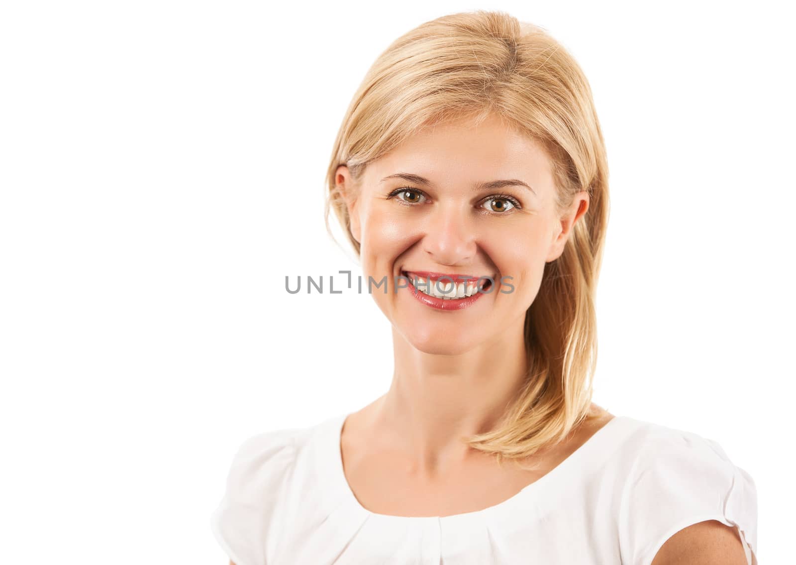 Happy young woman smiling over white by photobac