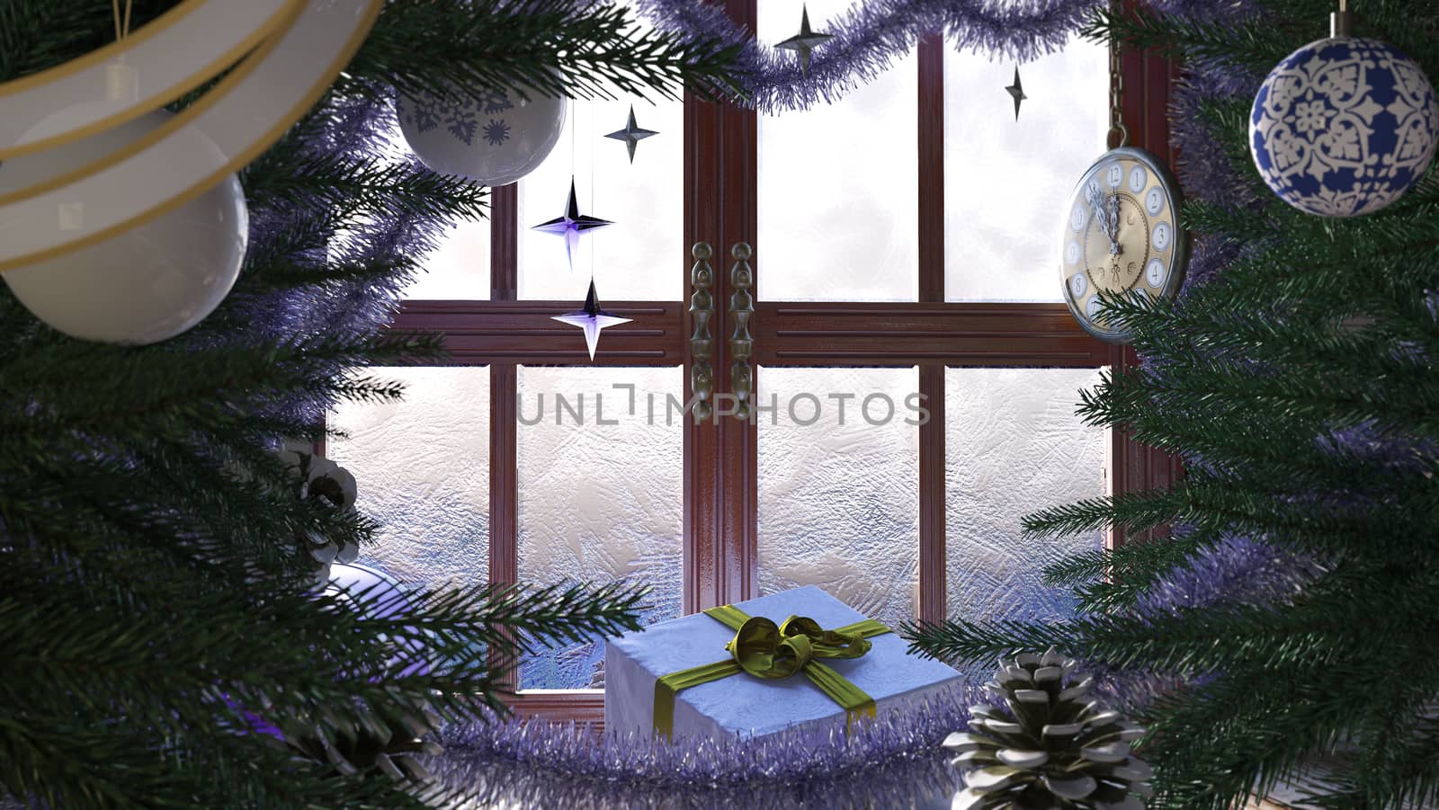 Christmas tree with gifts,window and clock concept composition