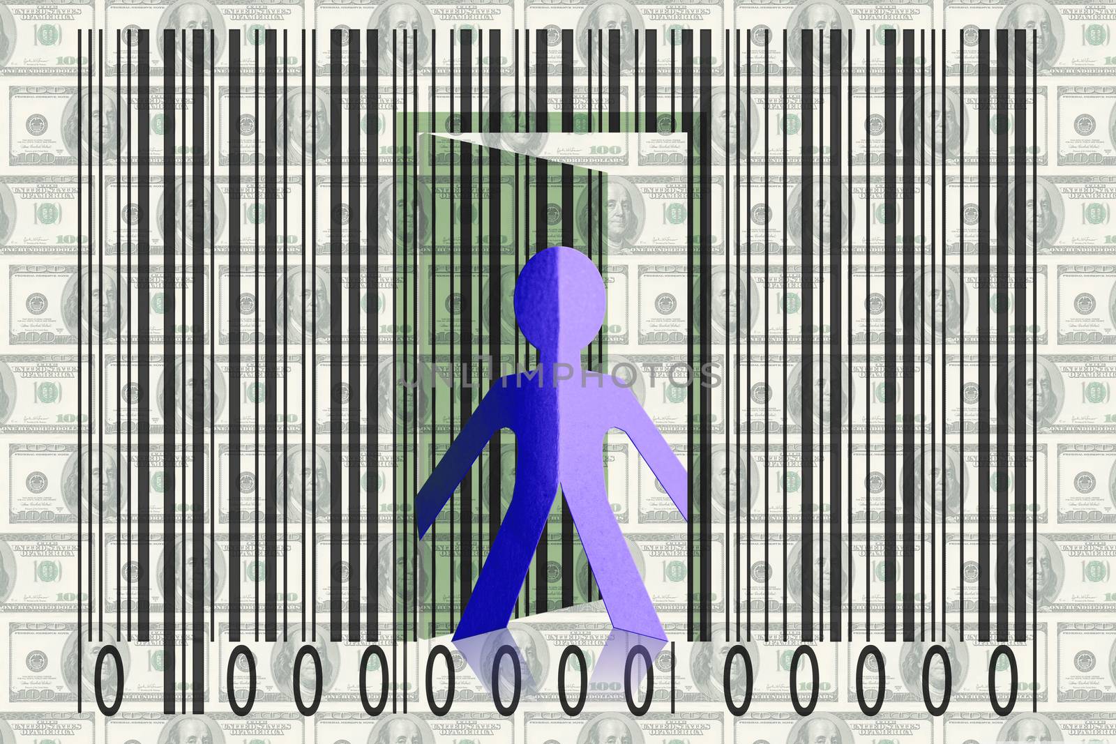 Paperman coming out of a bar code with Dollars as Backround