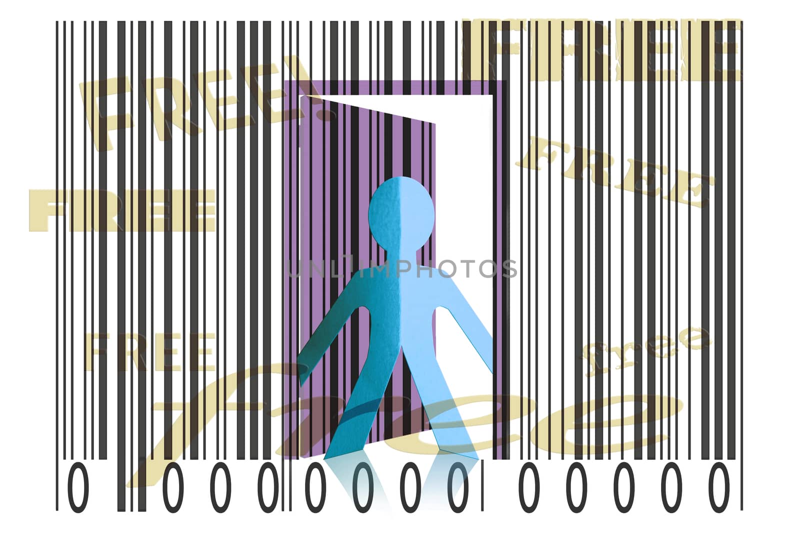 Paperman coming out of a bar code with Free Word