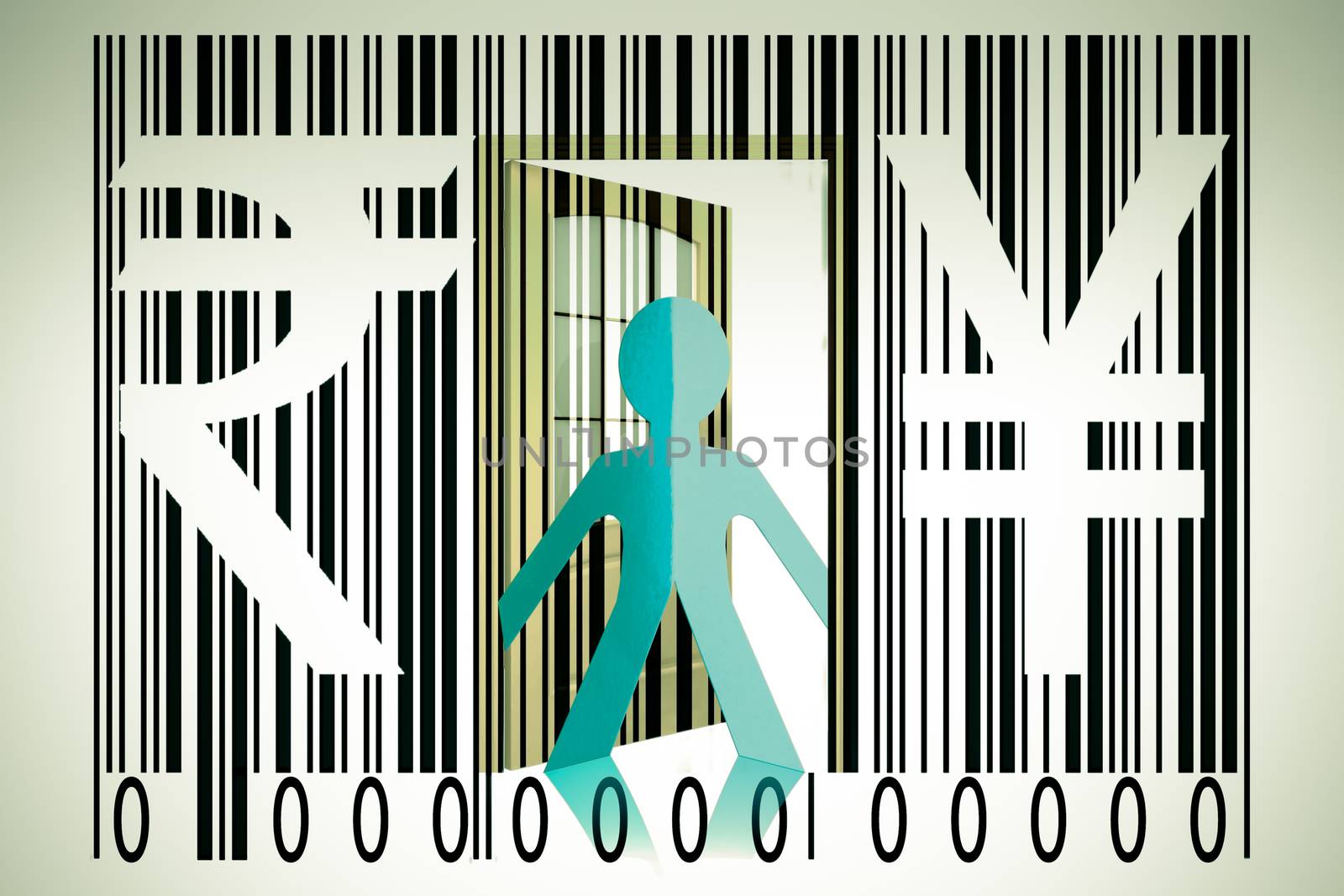 Paperman coming out of a bar code with Rupee and Yen Signs by yands