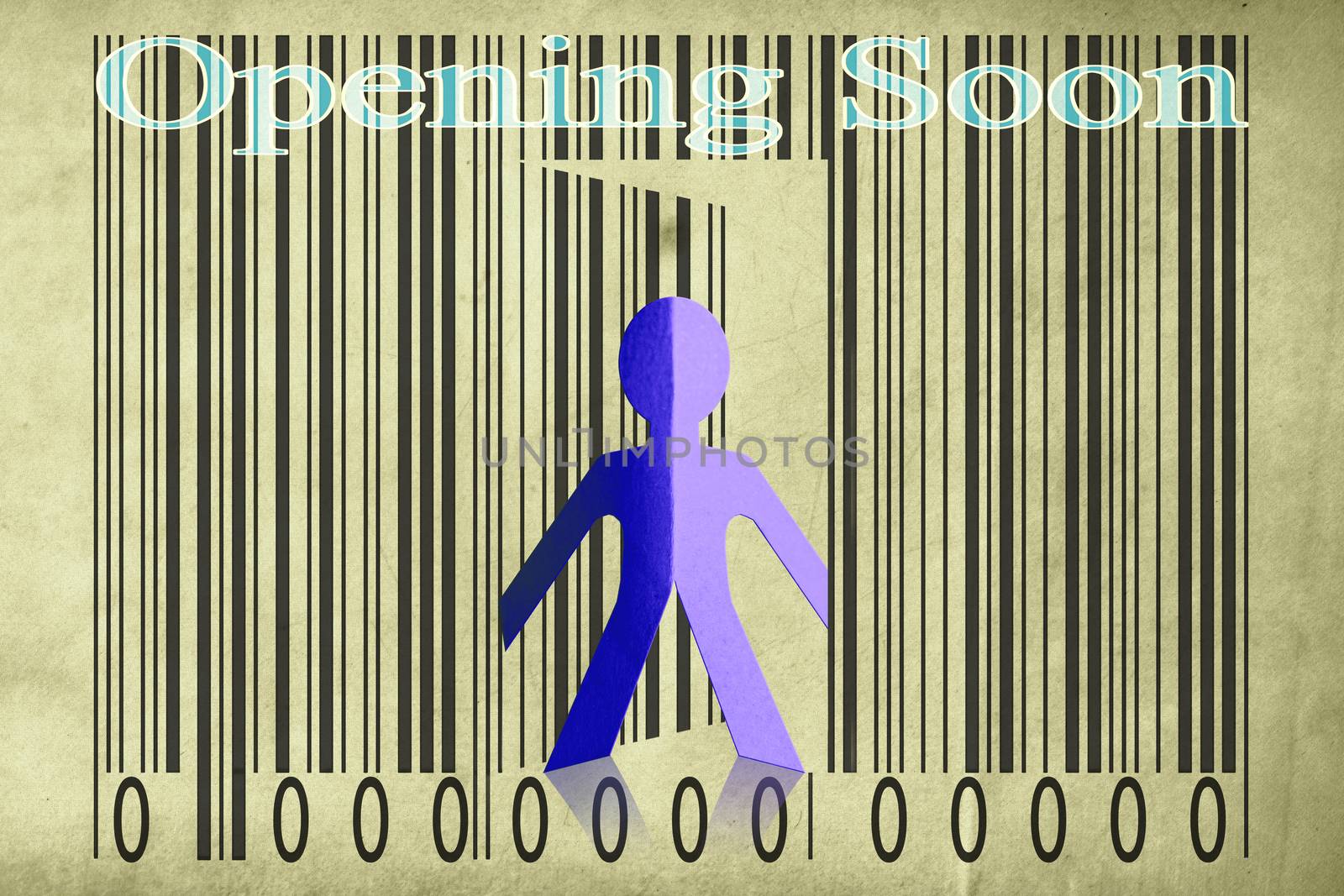 Paperman coming out of a bar code with Opening soon Words