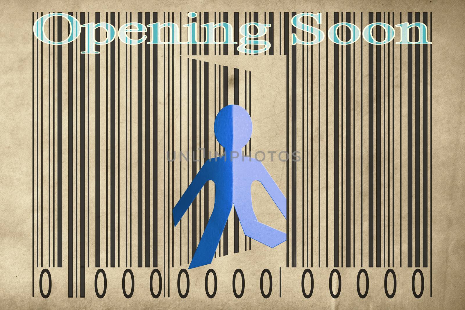 Paperman coming out of a bar code with Opening soon Words by yands