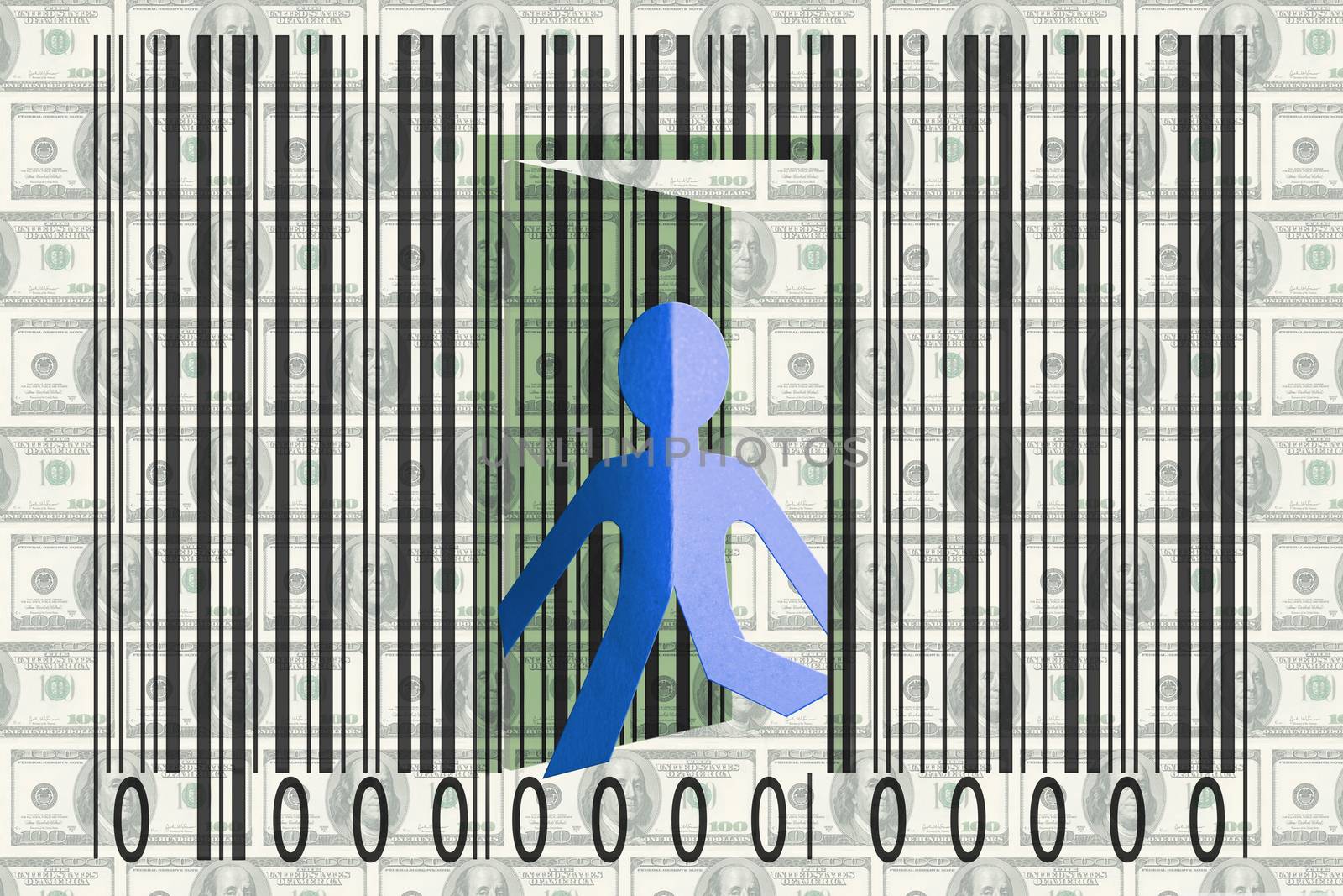 Paperman coming out of a bar code with Dollars as Backround by yands