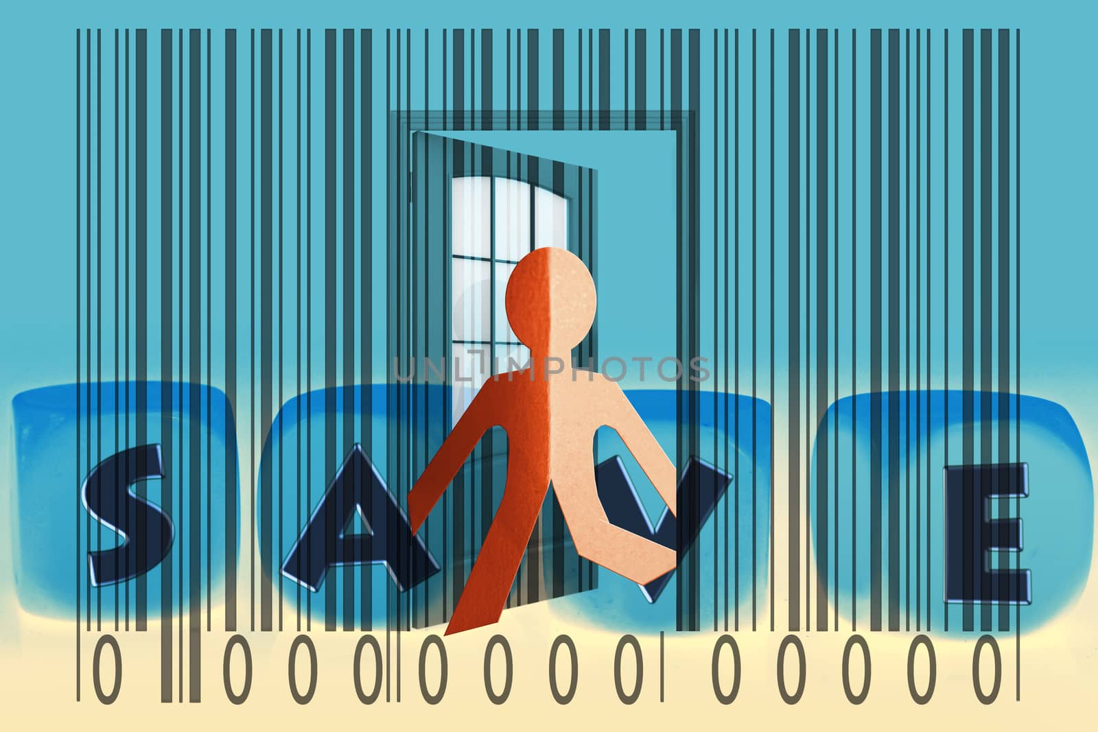 Paperman coming out of a bar code with Save word