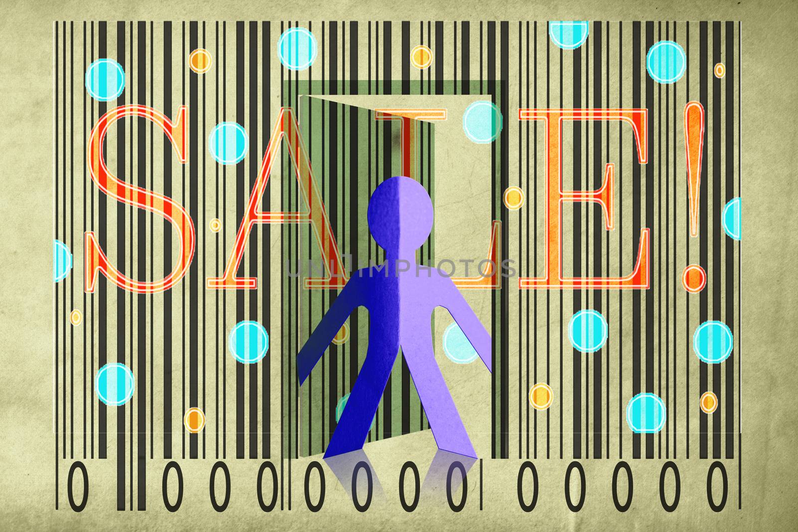 Paperman coming out of a bar code with Sale Word