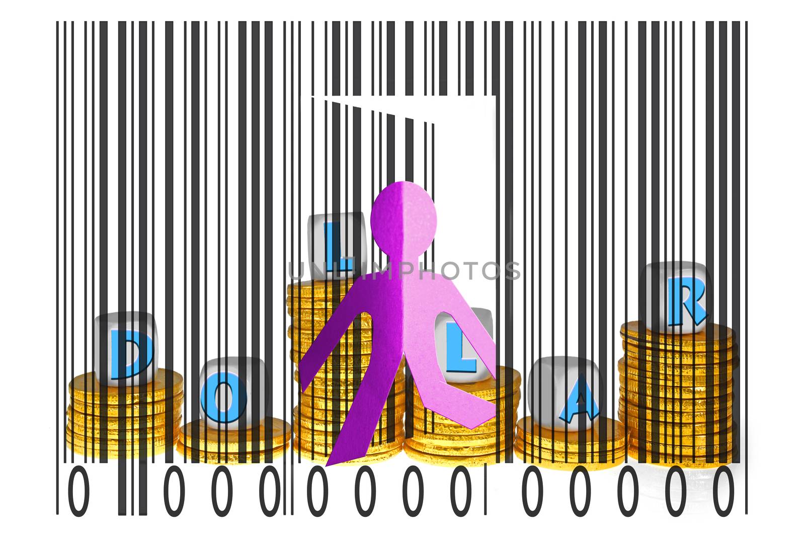 Paperman coming out of a bar code with Dollars word by yands