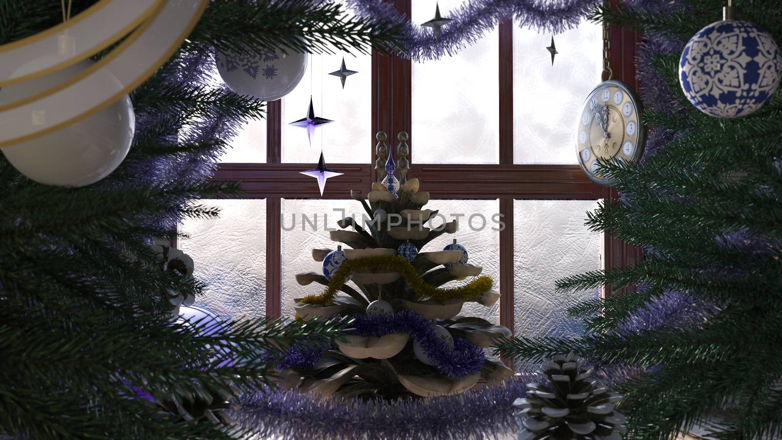 Christmas tree with pine cone,window and clock concept composition