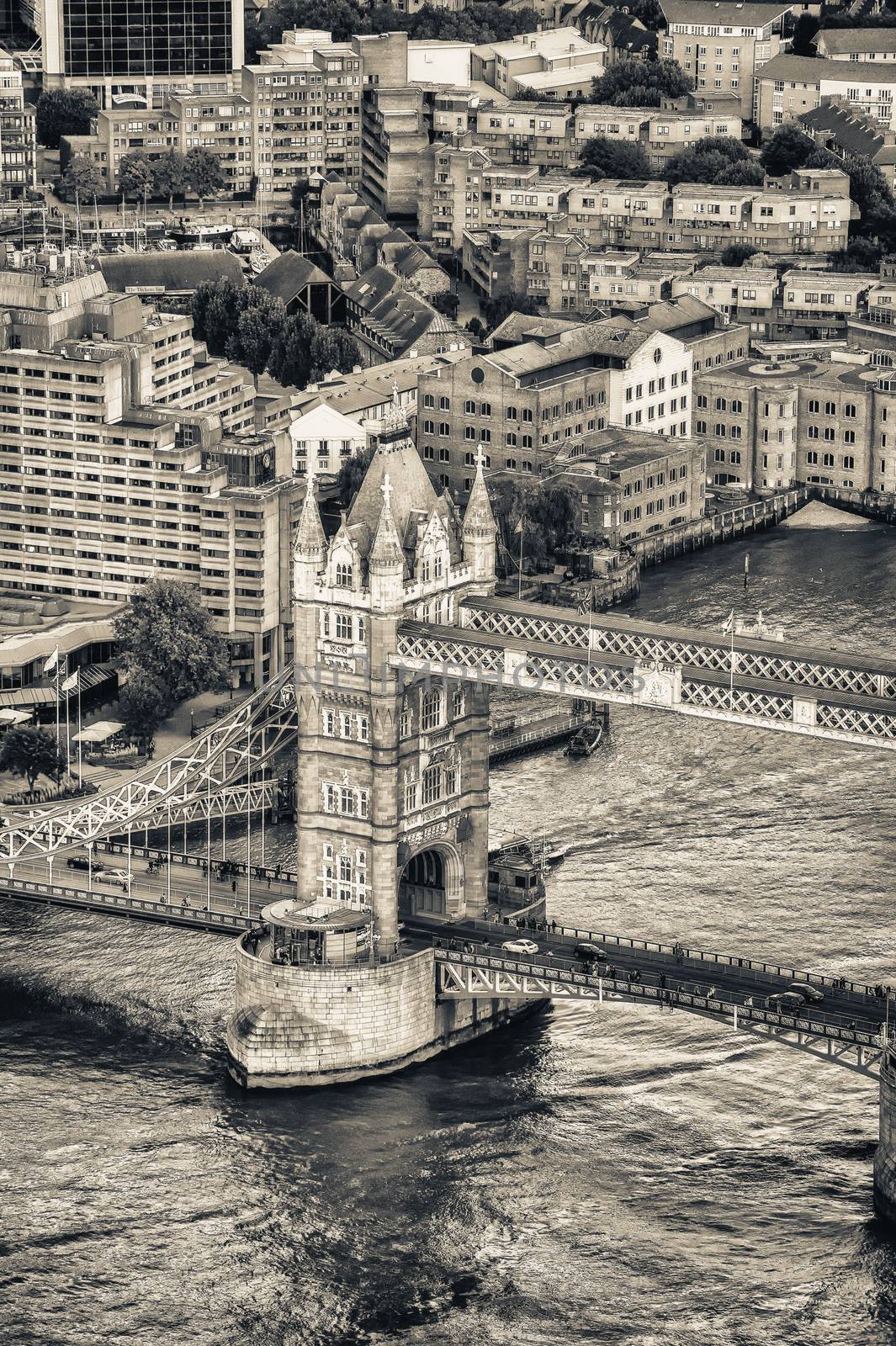 Aerial view of Tower Bridge and London skyline.