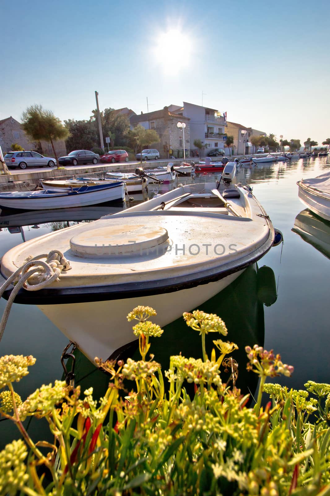 Diklo village waterfront boat in marina view, Dalmatia, Croatia