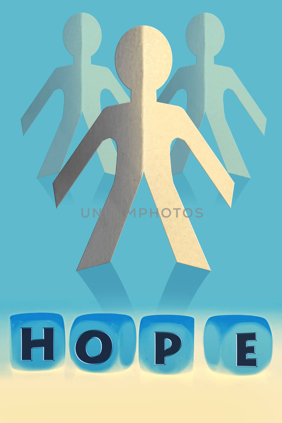 word Hope on cubes in front of paper man