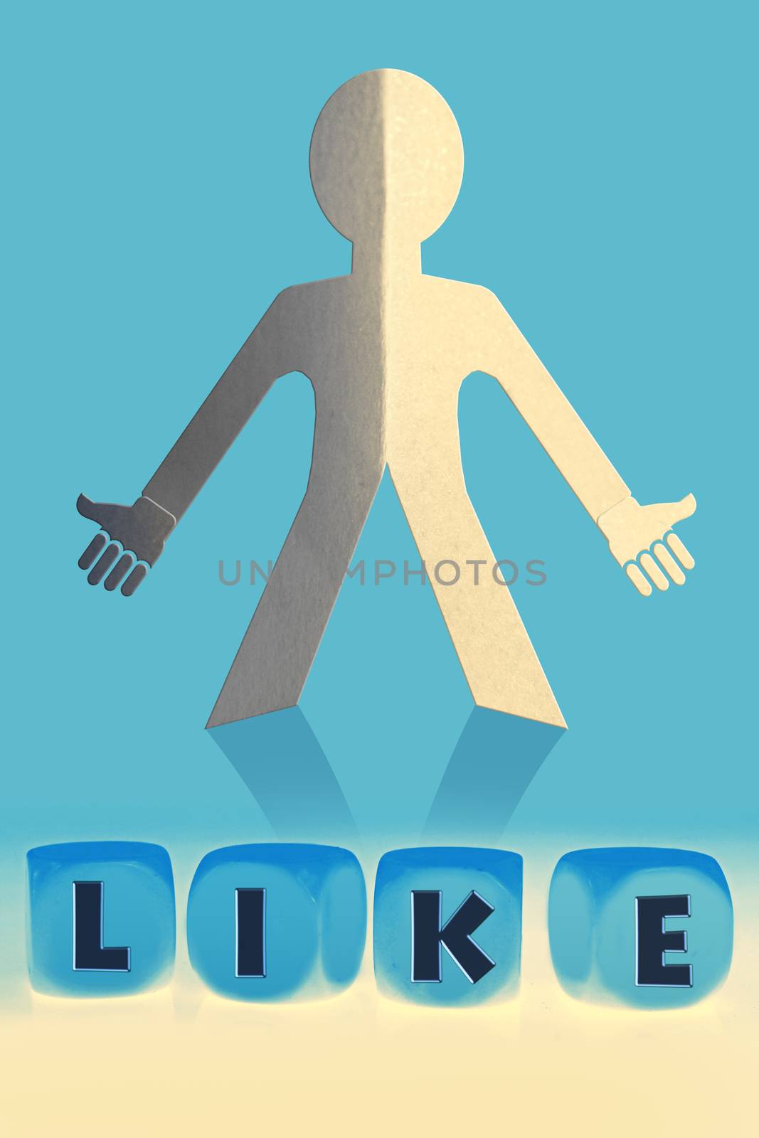 word Like on cubes in front of paper man