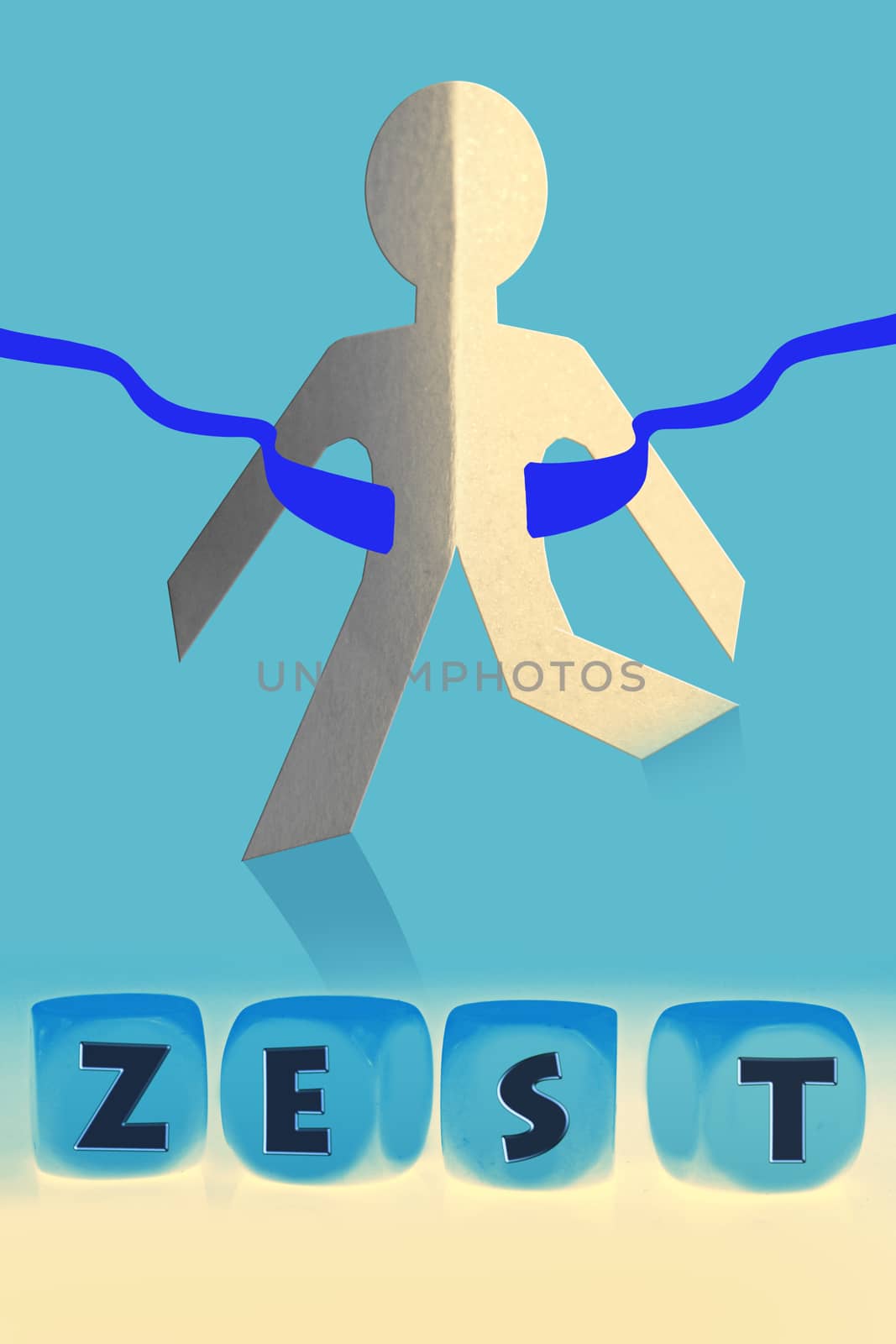 word Zest on cubes in front of paper man