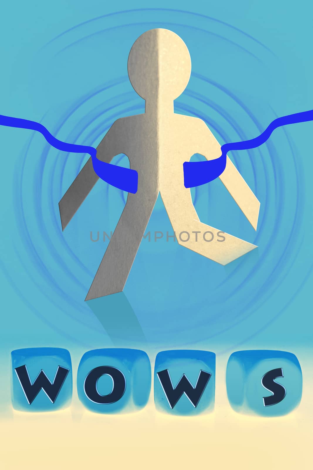 word wows on cubes in front of paper man