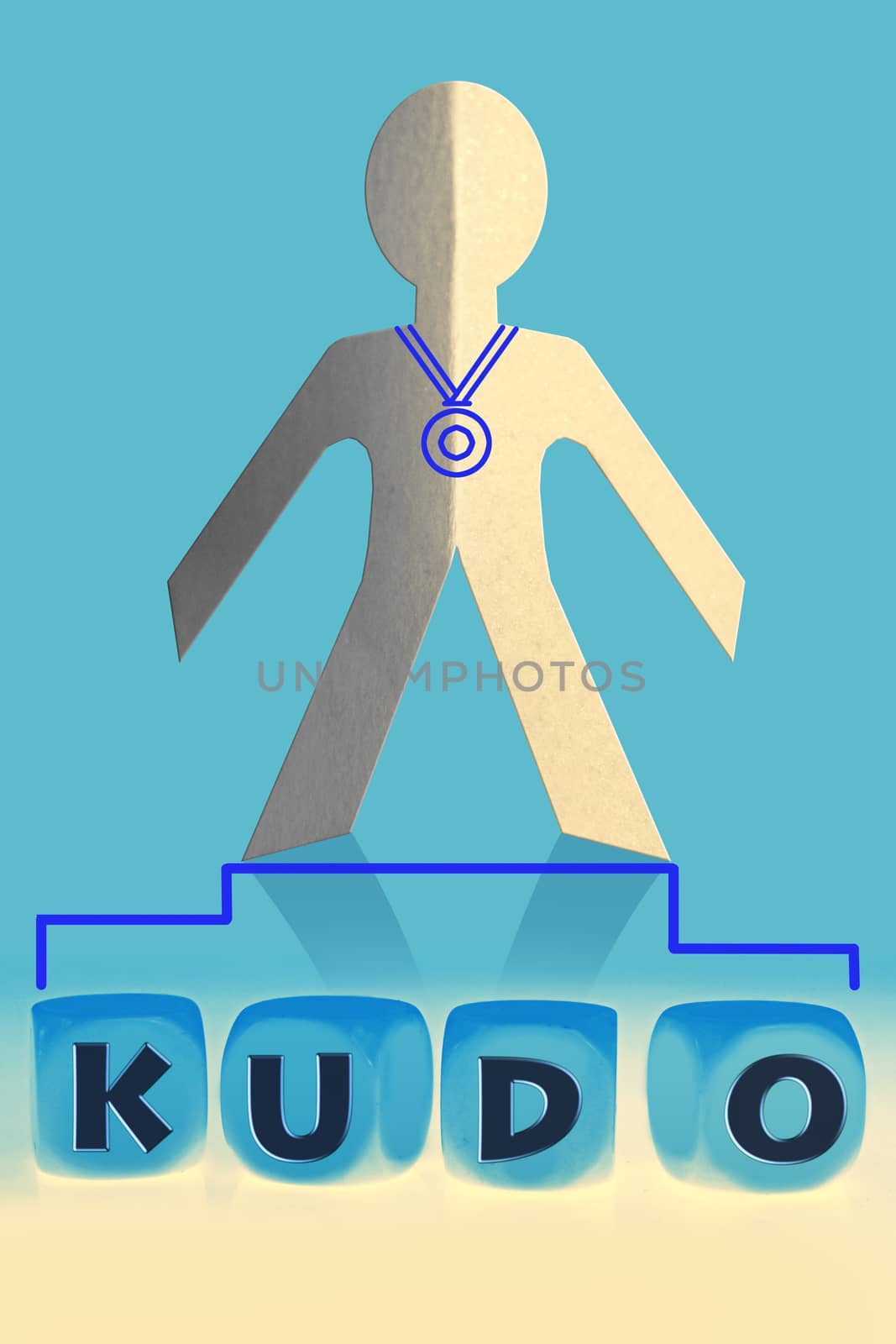 word Kudo on cubes in front of paper man