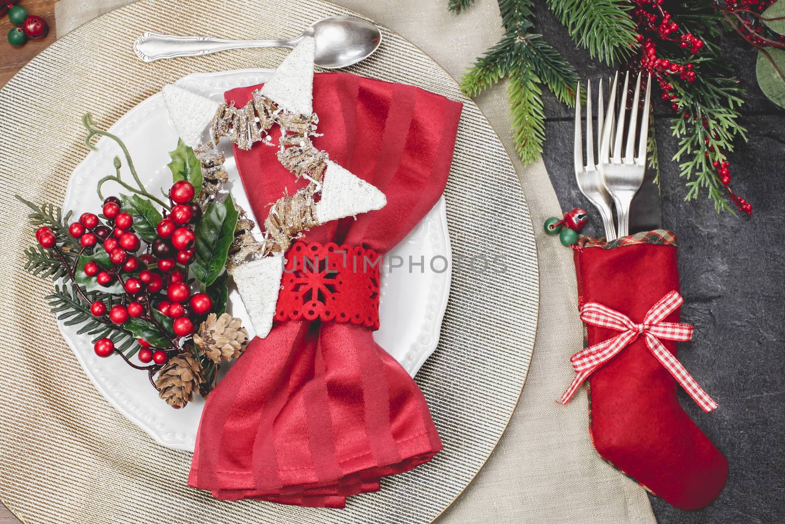 Christmas stocking place settings with festive decorations