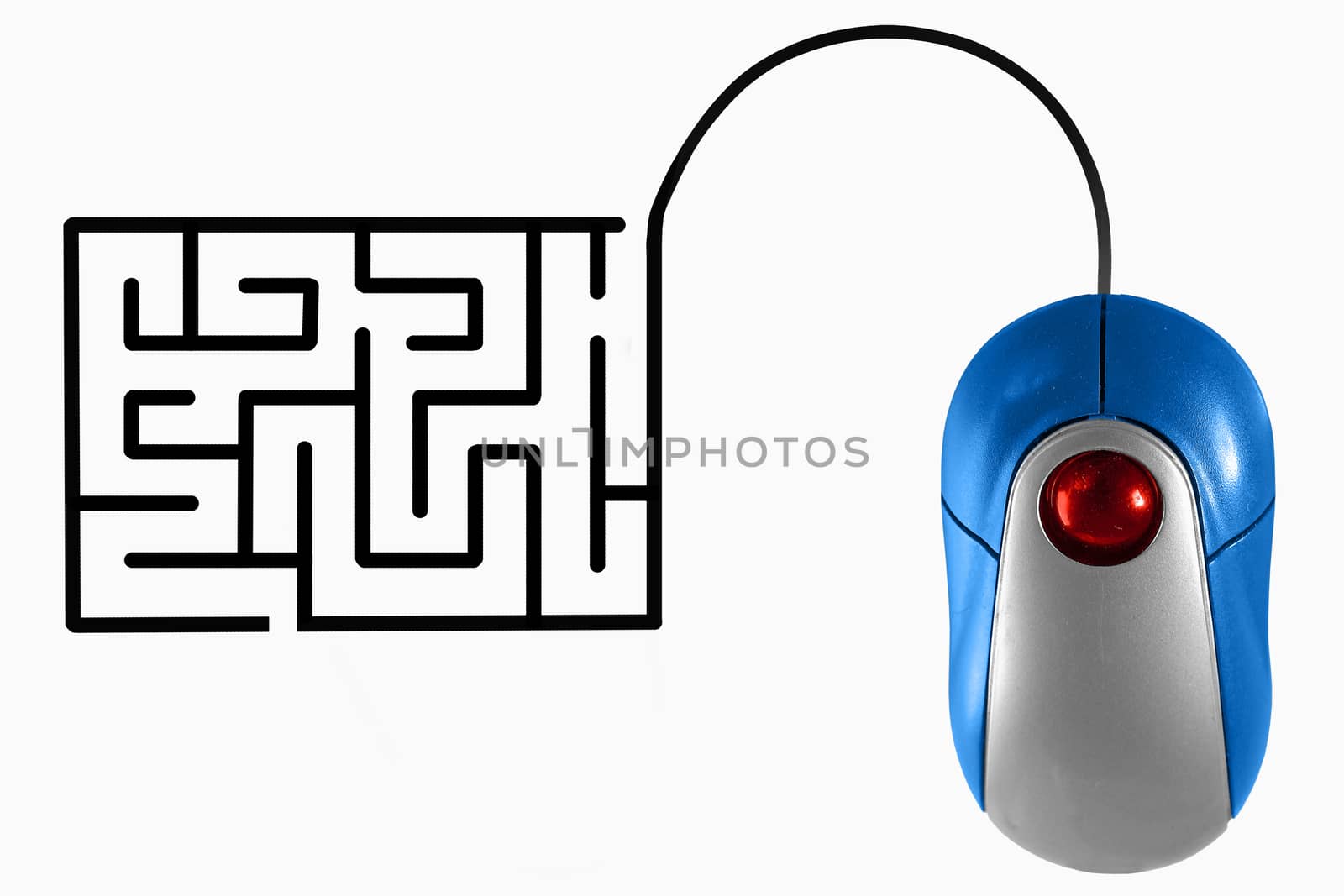 Maze puzzle depicted by computer mouse cable
