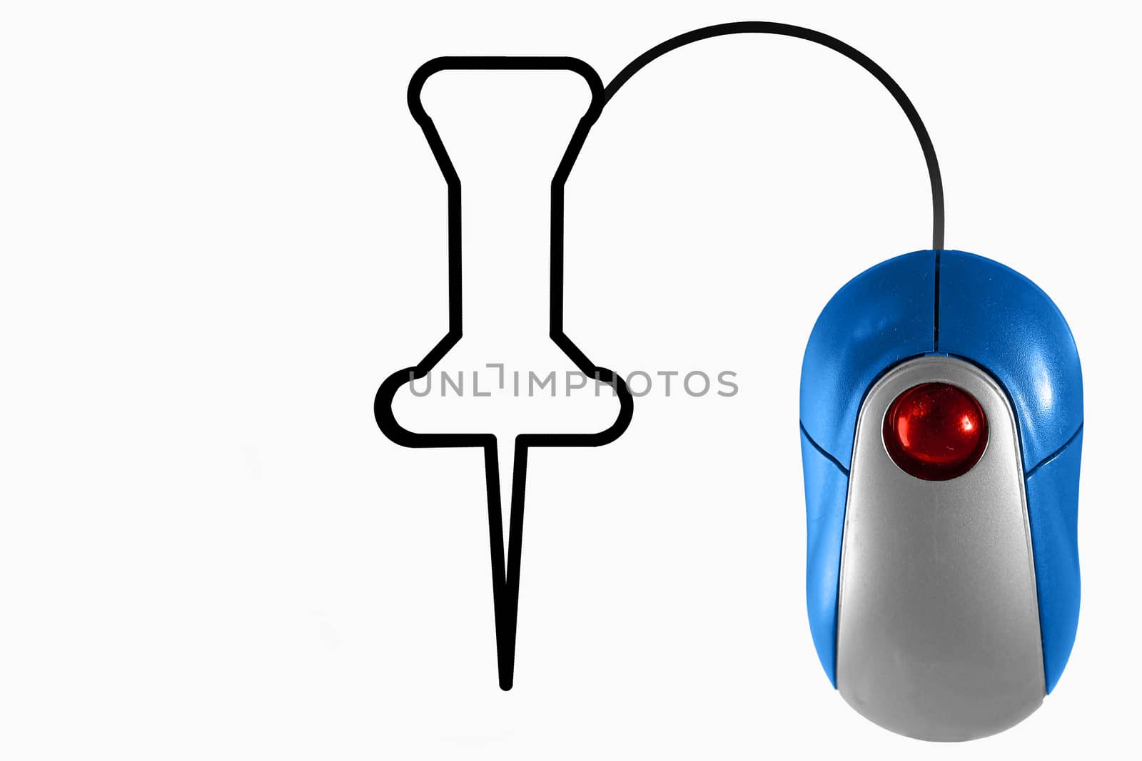 Pushpin depicted by computer mouse cable by yands