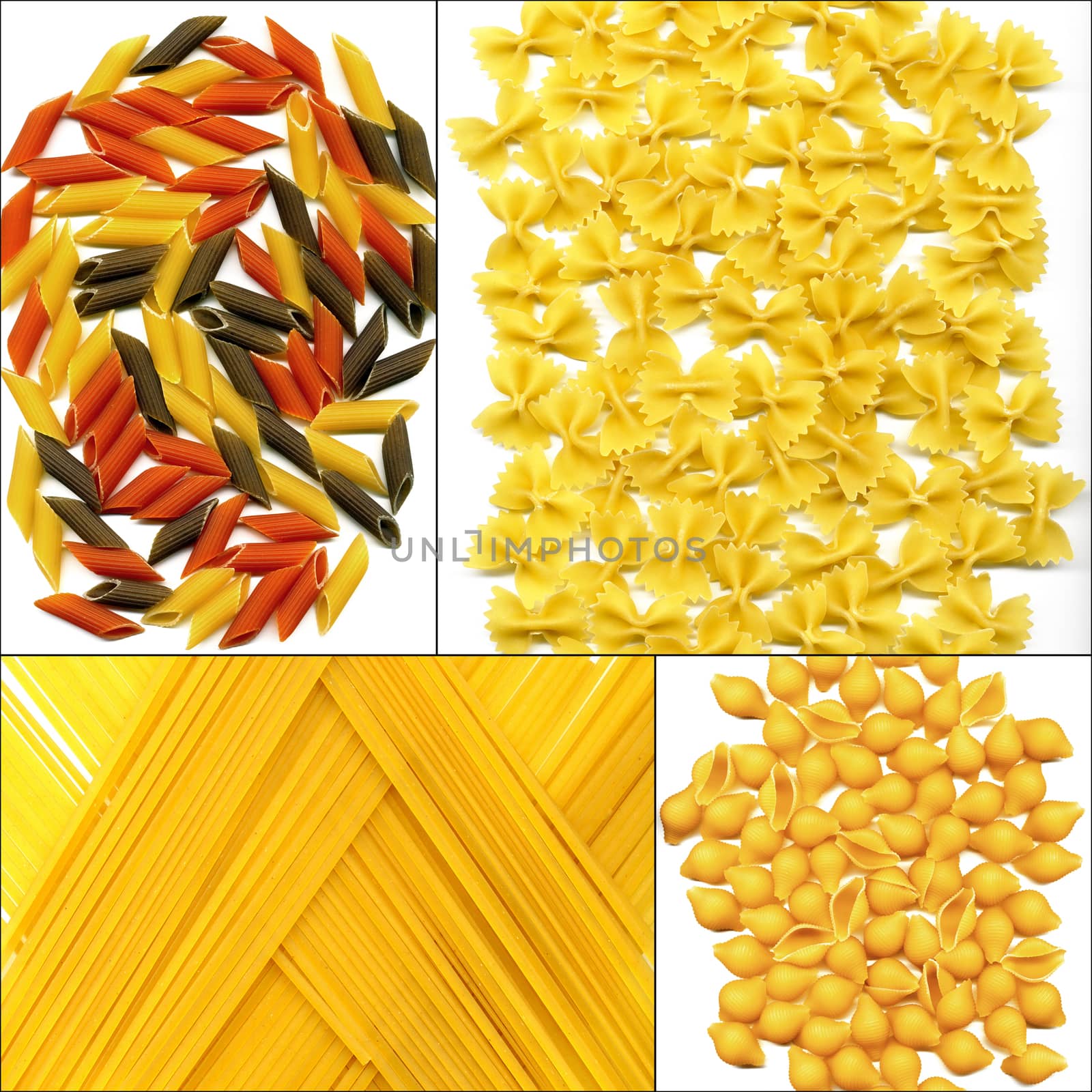 various type of Italian pasta collage on a square frame