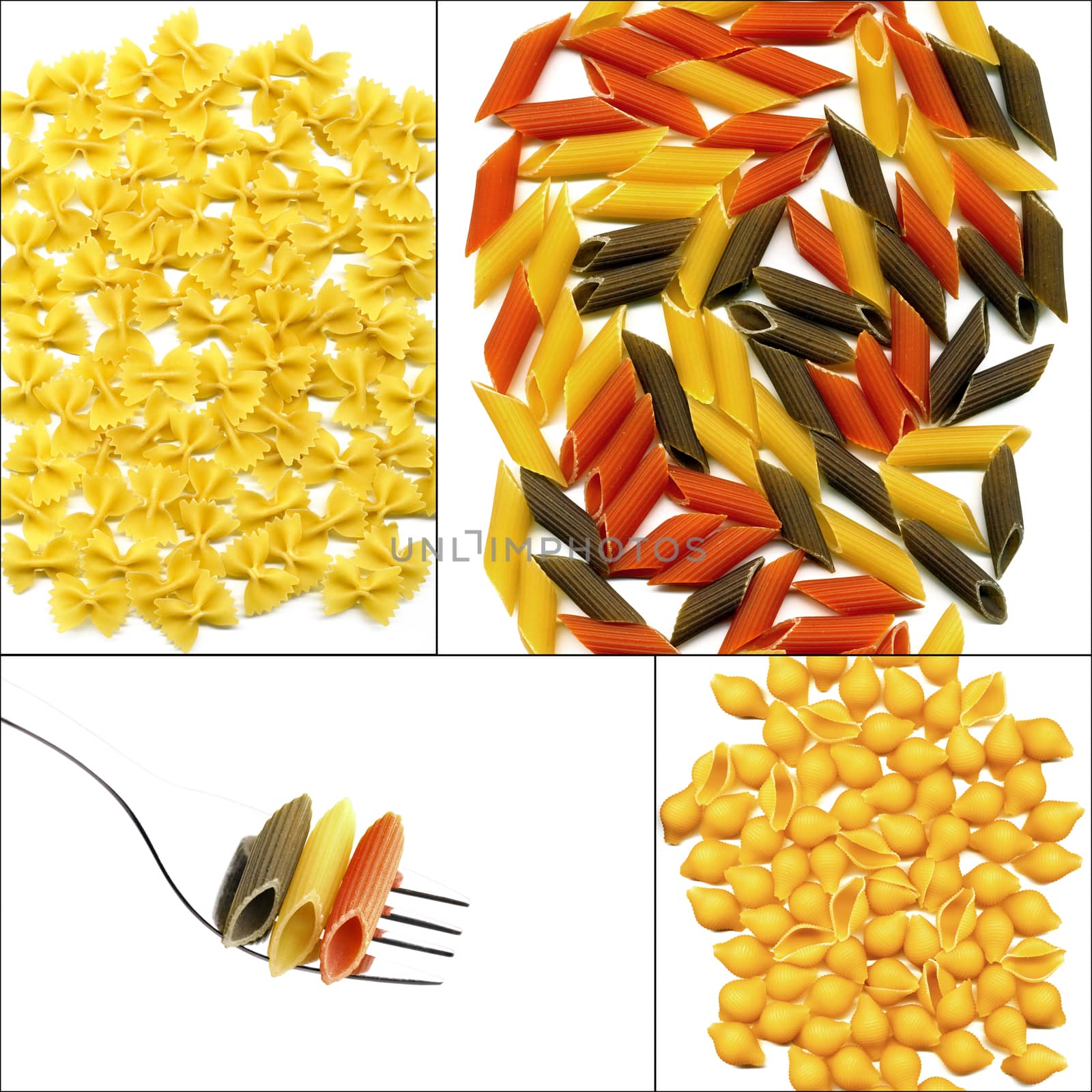 various type of Italian pasta collage on a square frame