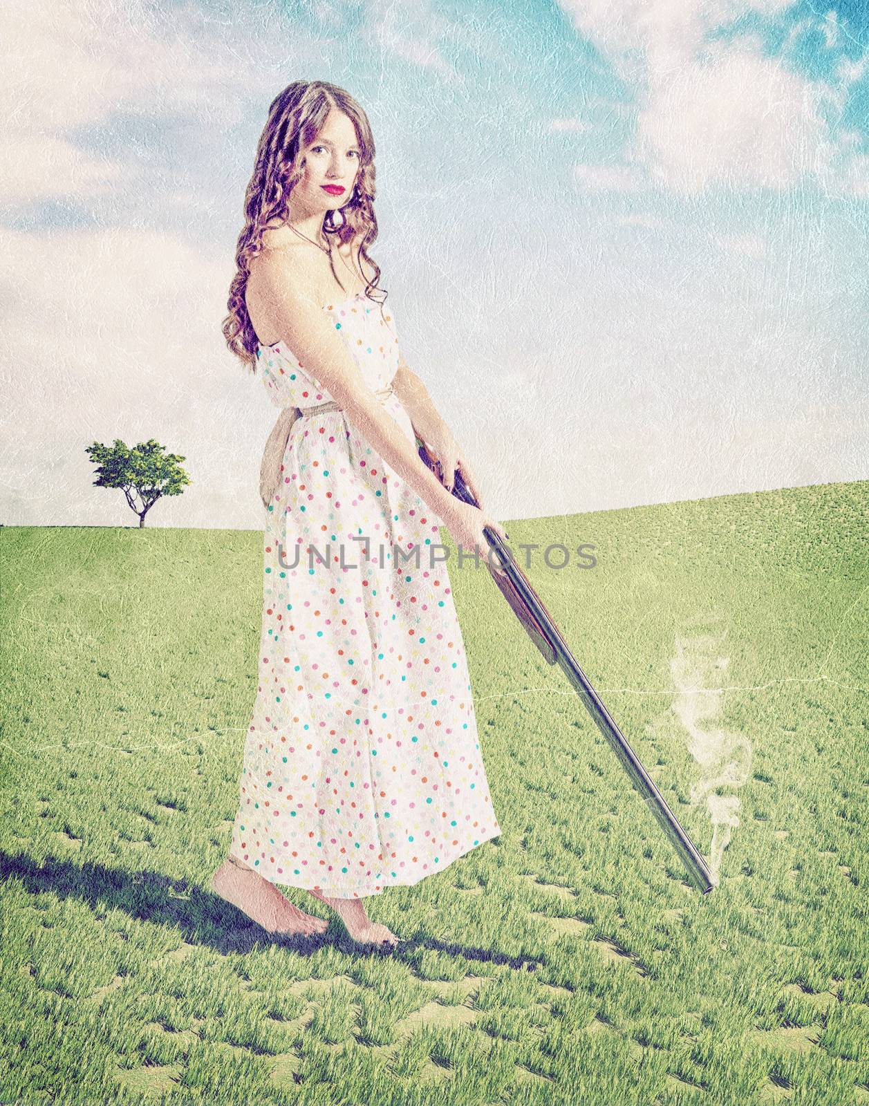 Vintage card syile- beautiful young girl hunter . Creative concept photo and cg elements combinated